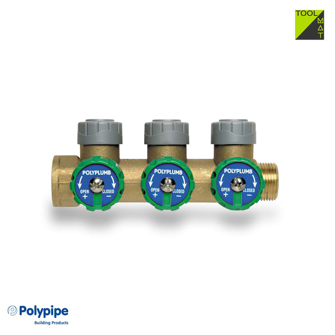 Brass Single Sided Manifold Valved (Brass) 15mm X 3/4” Female/Male BSP 3 Port (Use PTFE Tape To Seal Threads)